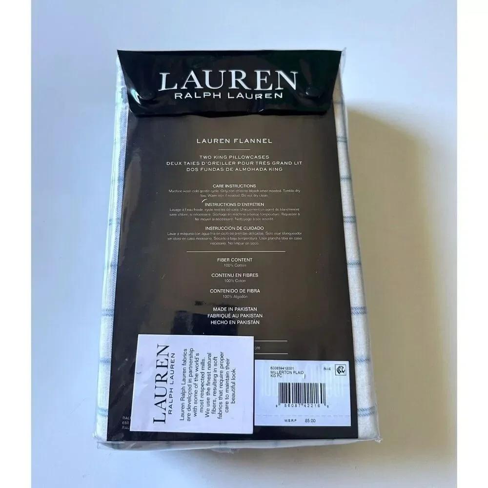 Ralph Lauren Flannel Millerton Plaid Standard Pillowcases Set 2 Blue White New